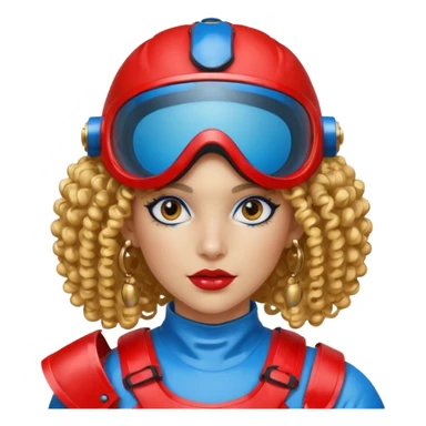 blue curly haired girl with huge earrings, wearing red paintball helmet and eye protection, only face  sticker