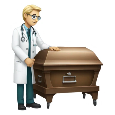 Doctor looking at a coffin sticker