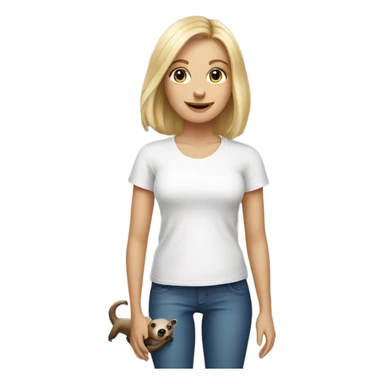 Lady with shoulder length blonde hair and blue eyes in white t-shirt holding a sloth sticker