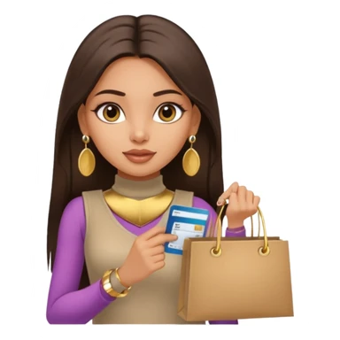 a pretty bratz fair indian girl wearing a beige sleeveless turtleneck, golden earrings, straight ling hair, holding bank cards, dark brown hair, carrying shopping bags sticker