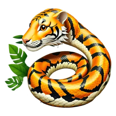 Tiger python coiled up on the ground, blending with the dense jungle foliage. Its distinct orange and black stripes stand out against the vibrant green of leaves and plants. Sunlight filters through the trees, highlighting the snake's patterned scales. Transparent background. sticker