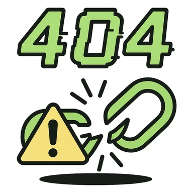Edit the 404 icon in neon green and black in color outline icon style. Add a broken link symbol. Add a warning triangle. Make the numbers more glitchy. Add a shadow effect. sticker