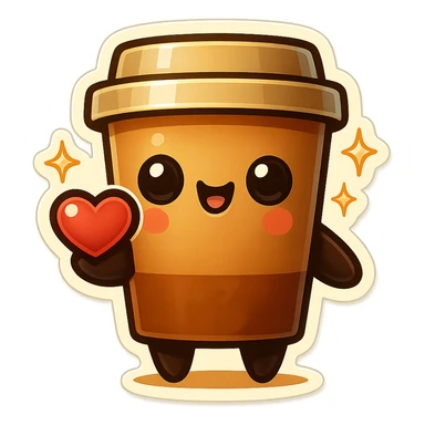 Tall coffee cup, offerring heart, big eyes, star sparkles sticker