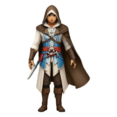icon featuring Assasin's Creed in an iconic assassin's hood, standing tall against the backdrop of Florence. The design captures the essence of adventure, with intricate details of historical architecture and a sense of mystery. The character is poised, ready for action. transparent background. sticker
