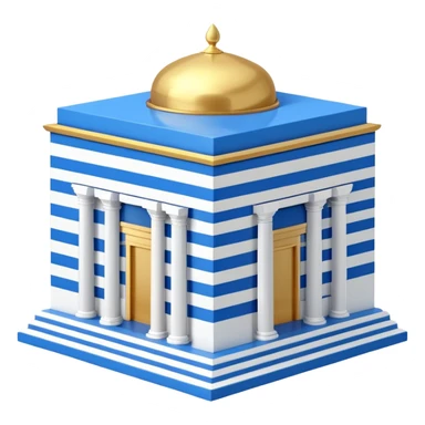 A cubic-shaped temple with smooth, clean edges and blue and white horizontal stripes along the walls. The structure has no pillars or columns. A Polished golden dome sits centered on top of the cube, with a smooth surface and no spiral or finial at its peak. The architectural style is minimalist  sticker