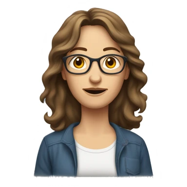 A middle-aged European woman, thin, with long, wavy brown hair. The woman has jeans and a loose T-shirt. She wears dark sneakers. sticker