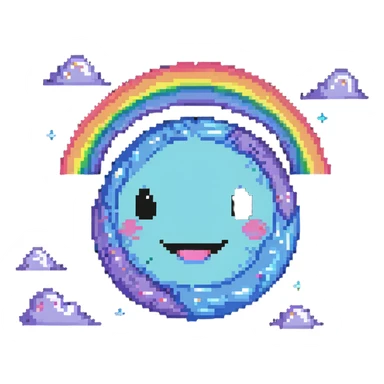 rainbow planet with colorful pixelated clouds and a happy winking face sticker