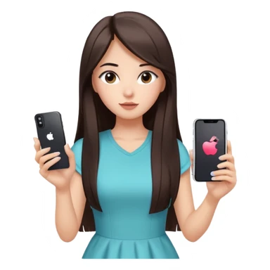 woman with long straight dark brown black hair holding an iPhone recording a TikTok video facing camera focused expression casual dress well lit indoor sticker