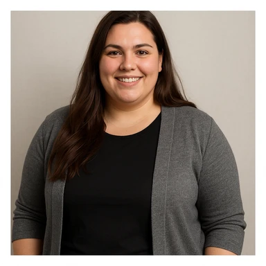 kräftige Frau mit langen braunen Haaren, neutraler Hintergrund, freundlicher Ausdruck, Oberkörper, moderne Kleidung, klare Details sticker