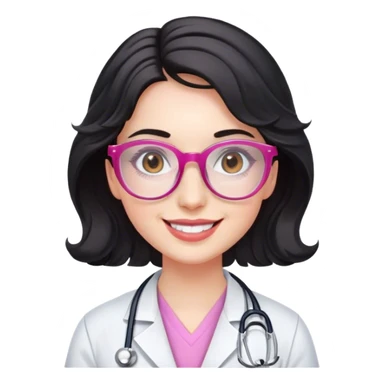 smiling doctor woman, brown eyes, white skin, long black wavy short hair with pink translucent glasses sticker