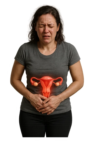 donna a figura intera con utero umano realistico in 3d in evidenza dolorante, espressione di dolore in volto, sfondo bianco, non farla computerizzata, ma iperrealistica 4k sticker