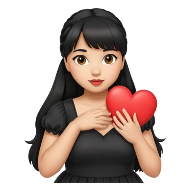 Latina girl with bangs black long hair in pony tail plus size black dress holding a heart sticker