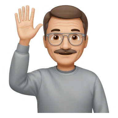 60 yr man partial brown hair parted in center, mustache, light glasses, sweatshirt waving hello sticker