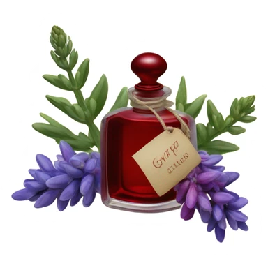 Dark red dreamy perfume bottle with red lupines and an old-fashioned letter seal sticker