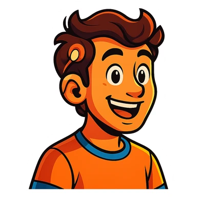 vibrant toon style man with a visible cochlear implant sticker
