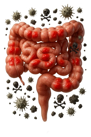 intestino anatomico realistico con red spot di infiammazione CON VARIE PARTICELLE TOSSICHE CHE CERCANO DI ATTACCARLO, IPERREALISTICO 4K sticker