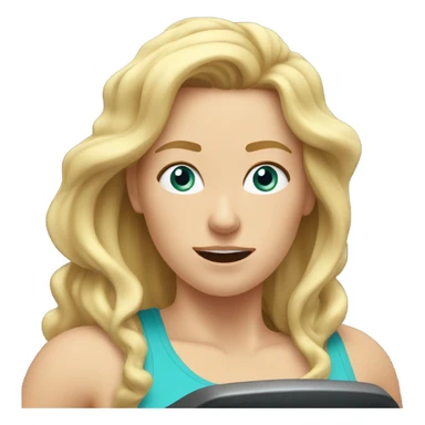 White woman, long hair, blonde hair, wavy hair, treadmill, sweating sticker