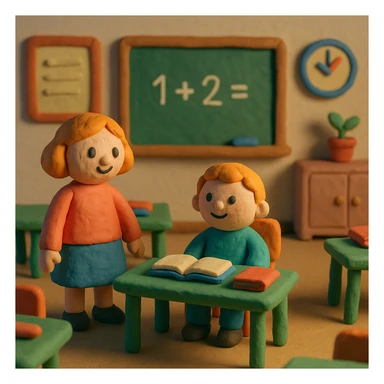 claymation style cozy classroom with pastel colors and friendly details sticker