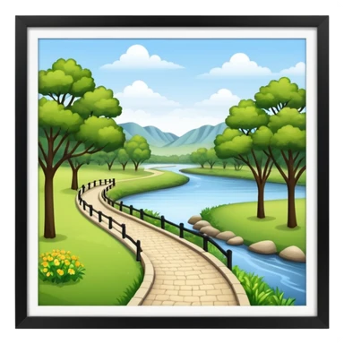 a park with a walking path along a river sticker