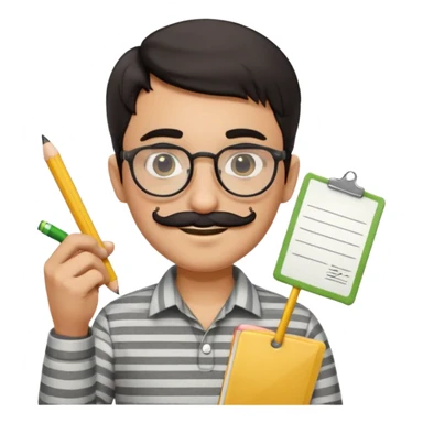 young Pakistani shopkeeper, short dark hair, round glasses, thick black mustache, smiling, light grey striped shirt, holding a handwritten receipt, yellow pencil behind ear, cartoonish, clean, rounded, friendly, no background, Apple emoji style sticker