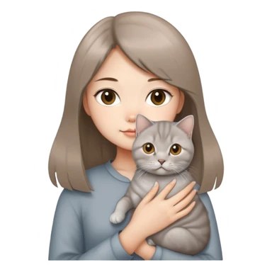 Chinese girl with light brown half long hair holding a British shorthair silver cat sticker