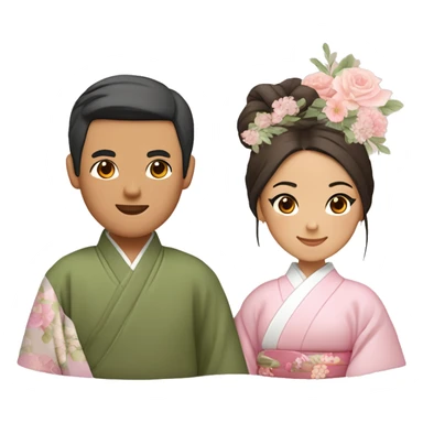 asian couple - man with center split slightly wavy hair wearing plain kimono with olive green inside and brown outside, woman with a low bun and flowers in her hair wearing light pink kimono with pastel florals of different colors sticker