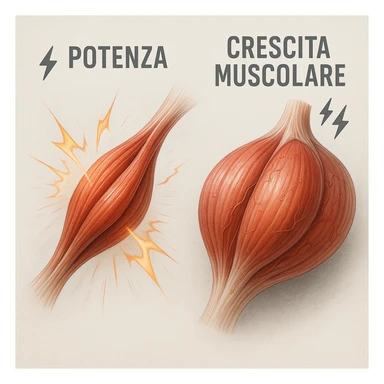 hyper realistic image of fast contracting muscle fibers, expanded hypertrophic structure, Italian text 'potenza', 'crescita muscolare', energy symbols, anatomical details, clinical atmosphere, neutral background sticker
