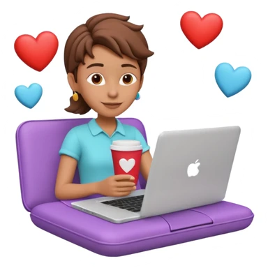3D clay character relaxed with laptop and coffee, floating icons (hearts + dollars), colofrful modern outfit, white laptop, Pixar style, transparent background sticker