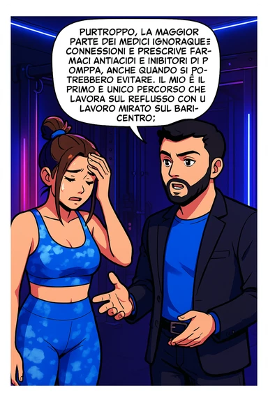 TRASFORMA QUESTO CAROSELLO IN UN FUMETTO STILE WEBTOON/MANGA A COLORI CON QUESTE DUE PERSONE IDENTICHE CHE INTERLOQUISCONO TRA LORO, L'uomo sta spiegando alla donna questo concetto MENTRE LA DONNA SI TIENE la mano sulla fronte sconcertata:

LUI (UOMO): Purtroppo, la maggior parte dei medici ignora queste connessioni e prescrive farmaci antiacidi e inibitori di pompa, anche quando si potrebbero evitare.
Il mio è il primo e unico percorso che lavora sul reflusso con un lavoro mirato sul baricentro; sticker