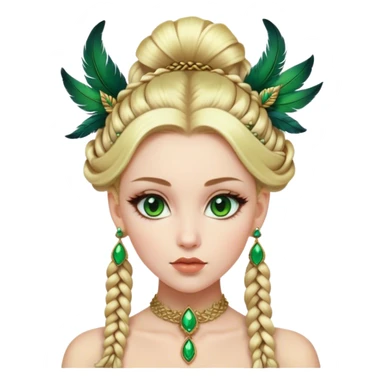 lady with Pale complexion, sharp features, high cheekbones, Blonde hair, green eyes, feathered ornaments, intricate braids with voluminous hairstyle sticker