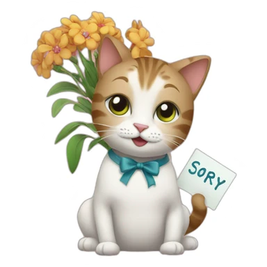 cat holding a sign and flowers asking sorry sticker