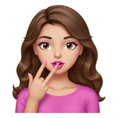 girl with long wavy brown hair, brown eyes, light to medium complexion, in a pink sexy top, pink lips, long lashes, shushing sticker
