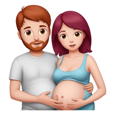 Beautiful burgundy haired pregnant girl with boyfriend holding stomach sticker