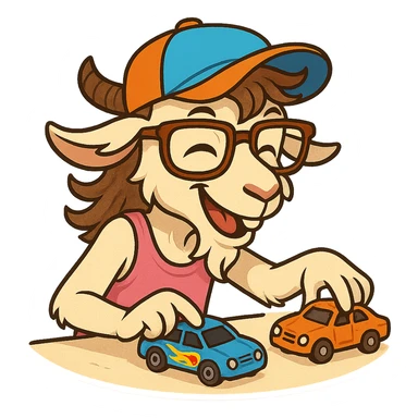 goat for Telegram stickers inspired by reference https://attic.sh/feoducyurkpqwz0la088soao98sx: wearing a cap, glasses, mullet hairstyle, pink drunkard tank top, playing with hot wheels cars sticker