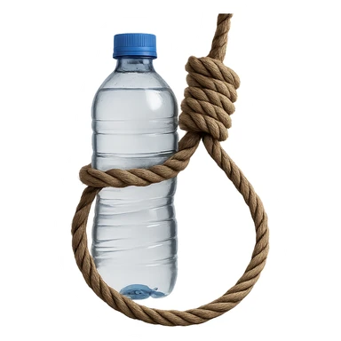 A long rope with a noose, well-visible and realistic water bottle inside the rope, no background, realistic style, symbolic atmosphere, photorealistic and detailed water bottle inside the rope. sticker