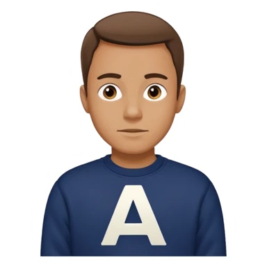 man wearing a navy sweatshirt with a giant white letter A on the upper right of the chest sticker