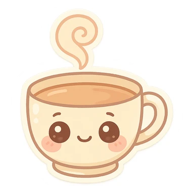 chibi teacup, pastel palette, big eyes, blushing cheeks, cute steam swirl sticker