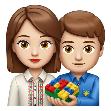 a Ukrainian girl with brown hair in an embroidered shirt and a Ukrainian boy in an embroidered shirt and Lego bricks sticker