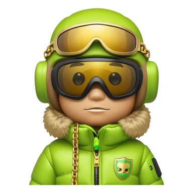 bearbrick wearing lime green balaclava with graffiti logos, futuristic shield visor sunglasses with single panoramic lens like ski goggles covering upper face, puffy fur jacket, gold chains sticker