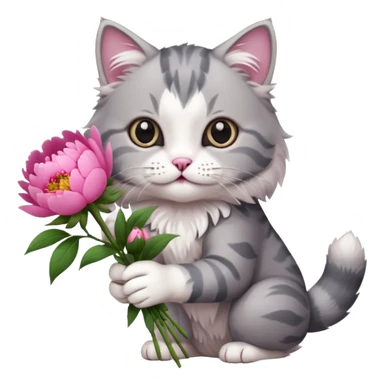 Cute cat Handing pink peonies like reaching a hand and handing them out a bouquet of them not a physical hand the cats hand  make the cat fluffy and grey and white fluffier fluffier  sticker