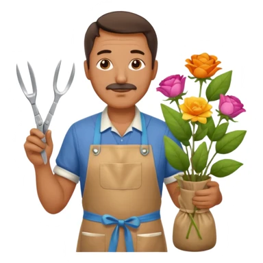 Middle-aged male florist – apron on, trimming stems with scissors sticker