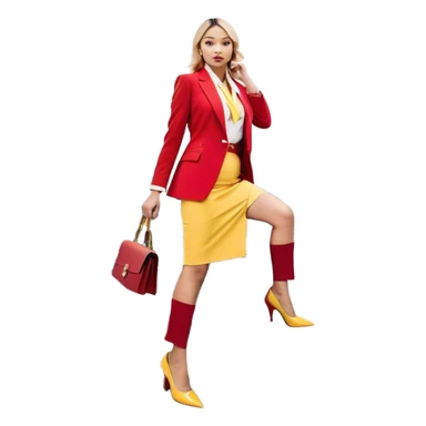 "A professional human figure dressed in a red and yellow business suit, confidently climbing a staircase made of progress bars or career-related icons. The figure’s outfit consists of a red blazer with yellow accents, red trousers or a skirt, and polished yellow shoes. A bright upward arrow (📈) is beside them, symbolizing growth and success. The person carries a red briefcase (💼) with golden details in one hand, while the other hand reaches toward a shining gold star (🌟), representing ambition and achievement. The background is plain white, with a clean, modern business-themed design. sticker