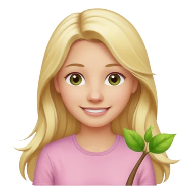 blonde with long hair and swamp-colored eyes, wearing a pastel pink shirt, smiling, iOS Apple emoji style sticker