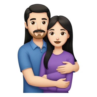 a short white girl with long black hair hugging a tall white guy with brown hair goatee mustache sticker