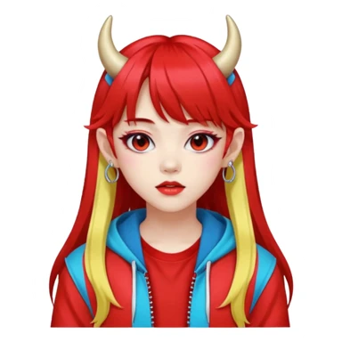  portrait-of-a-red devil-k-pop-idol,-wearing-a-stylish-streetwear-outfit-with-layered-colorful-clothing,-long-hair-with-bangs,-makeup,- sticker