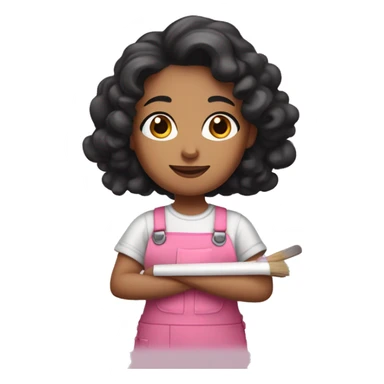 A painter woman with long black curly hair, brown eyes, wearing a pink overall and a paint palette in her hand sticker