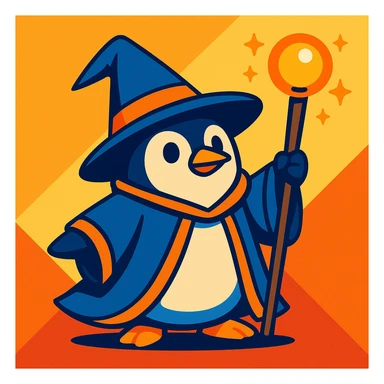 a penguin wizard with a magical staff, wearing a pointed hat, vibrant cartoon style sticker
