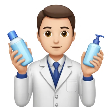 man with white coat holding skincare products sticker