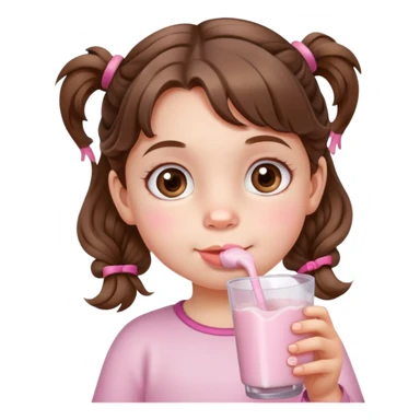 A little girl brown short wavy hair in pig tails with hazel eyes drinking pink milk sticker