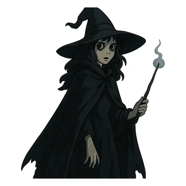 mystical witch with dark colors, cloak, magic wand, slightly spooky, stylized sticker